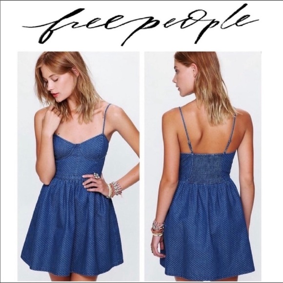 Free People Dresses & Skirts - Free people denim blue smocked bustier polka dot fit and flare dress Xs